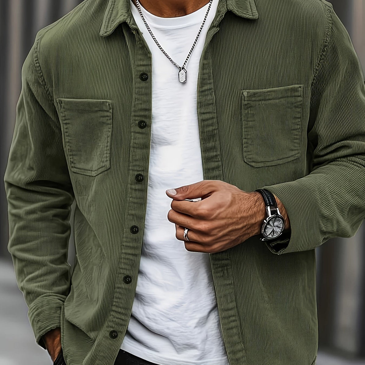 Textured casual button-up overshirt for men | Ellison Cord -17