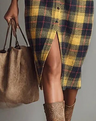 Calviera | Women's Checkered Shirt Collar Knee Length Dress