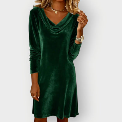 Elegant drape-neck evening midi dress for Women | Kathleen Noir