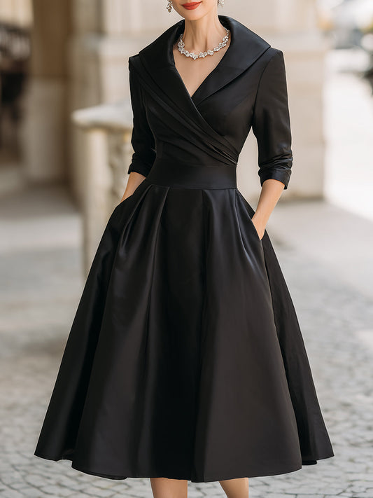 Vintage-inspired satin draped-collar midi dress for women | Velmira -1