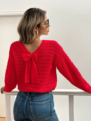 Roselle | Women's V Neck Bow Detail Knit Sweater