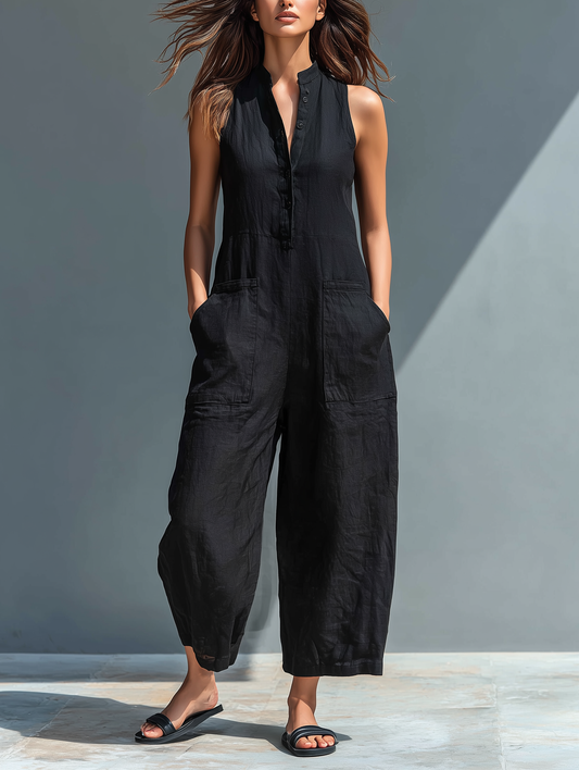 Linen blend button-up loose everyday jumpsuit for women | Linelia -1