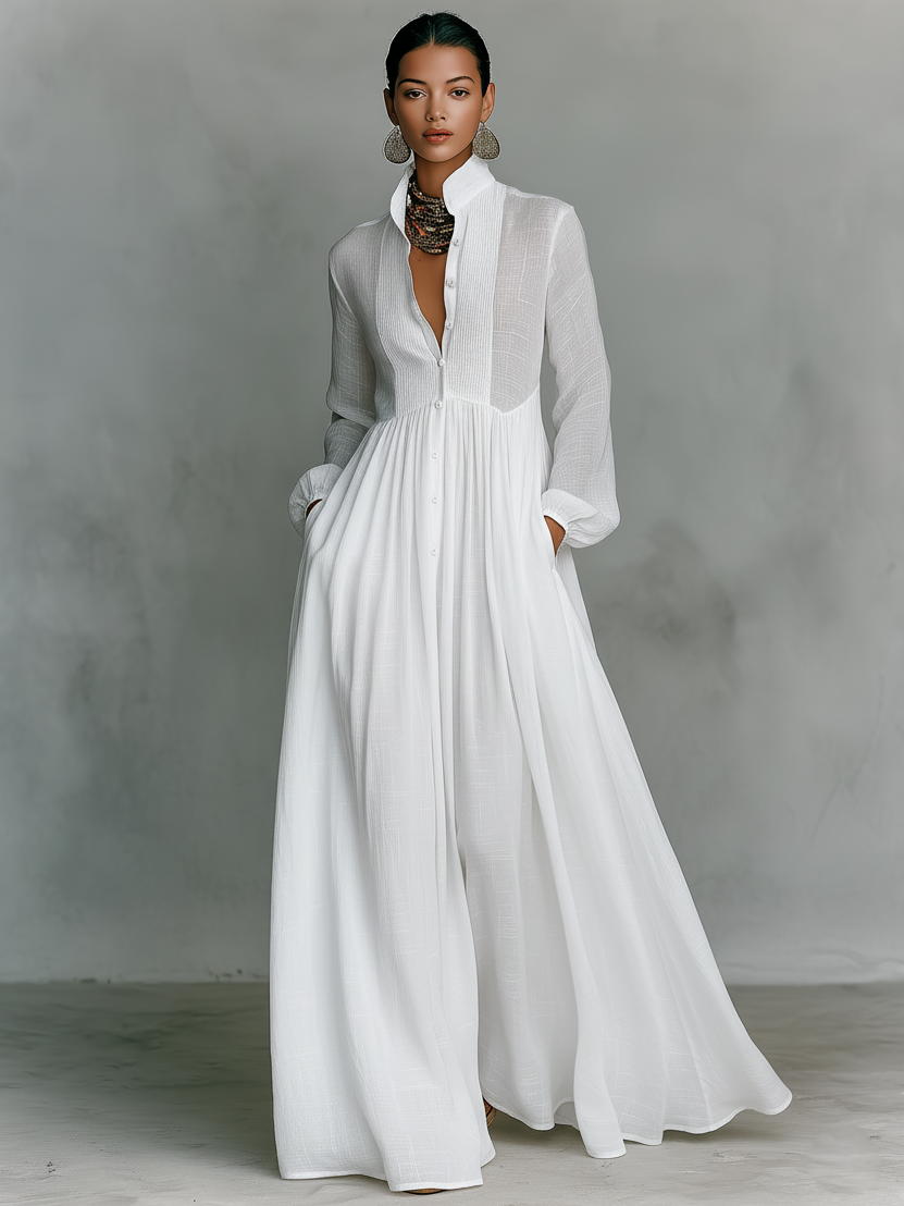Patchwork stand-collar long-sleeve maxi dress for women | Patchella -4