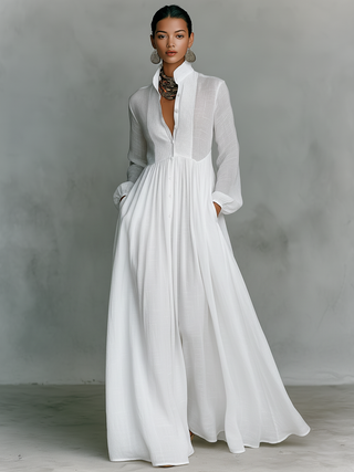 Patchwork stand-collar long-sleeve maxi dress for women | Patchella -4