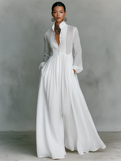 Patchwork stand-collar long-sleeve maxi dress for women | Patchella -4
