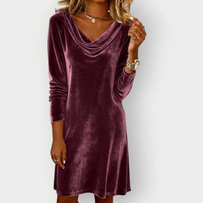 Elegant drape-neck evening midi dress for Women | Kathleen Noir