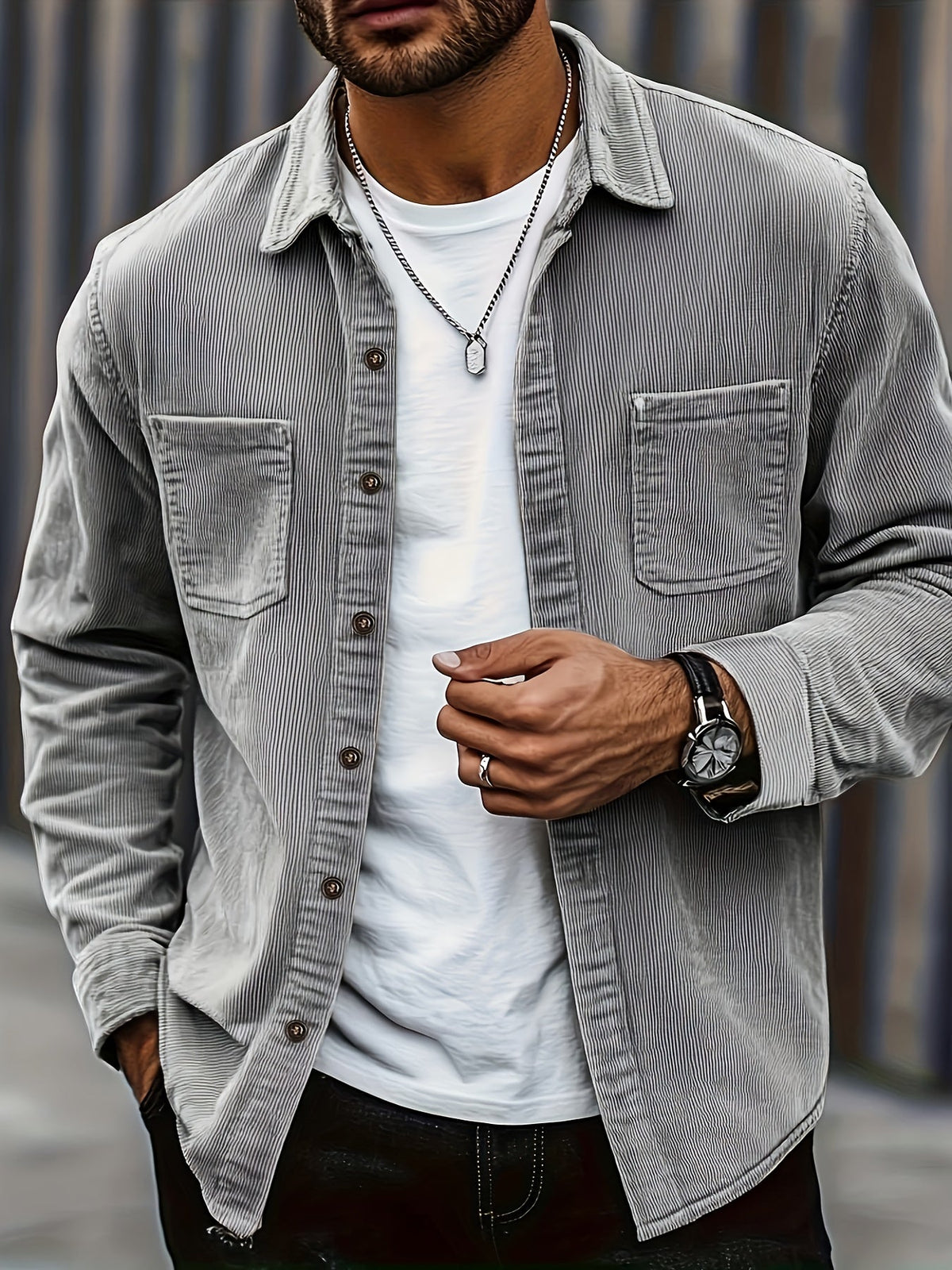 Textured casual button-up overshirt for men | Ellison Cord -3