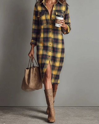 Calviera | Women's Checkered Shirt Collar Knee Length Dress
