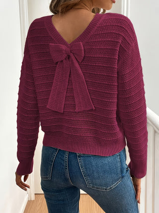 Roselle | Women's V Neck Bow Detail Knit Sweater