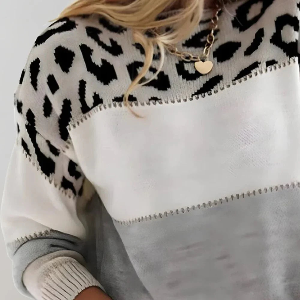 Virelia | Women's Colorblock Leopard Print Crew Neck Sweater