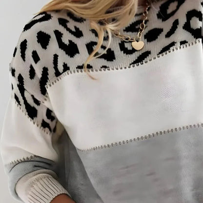 Virelia | Women's Colorblock Leopard Print Crew Neck Sweater