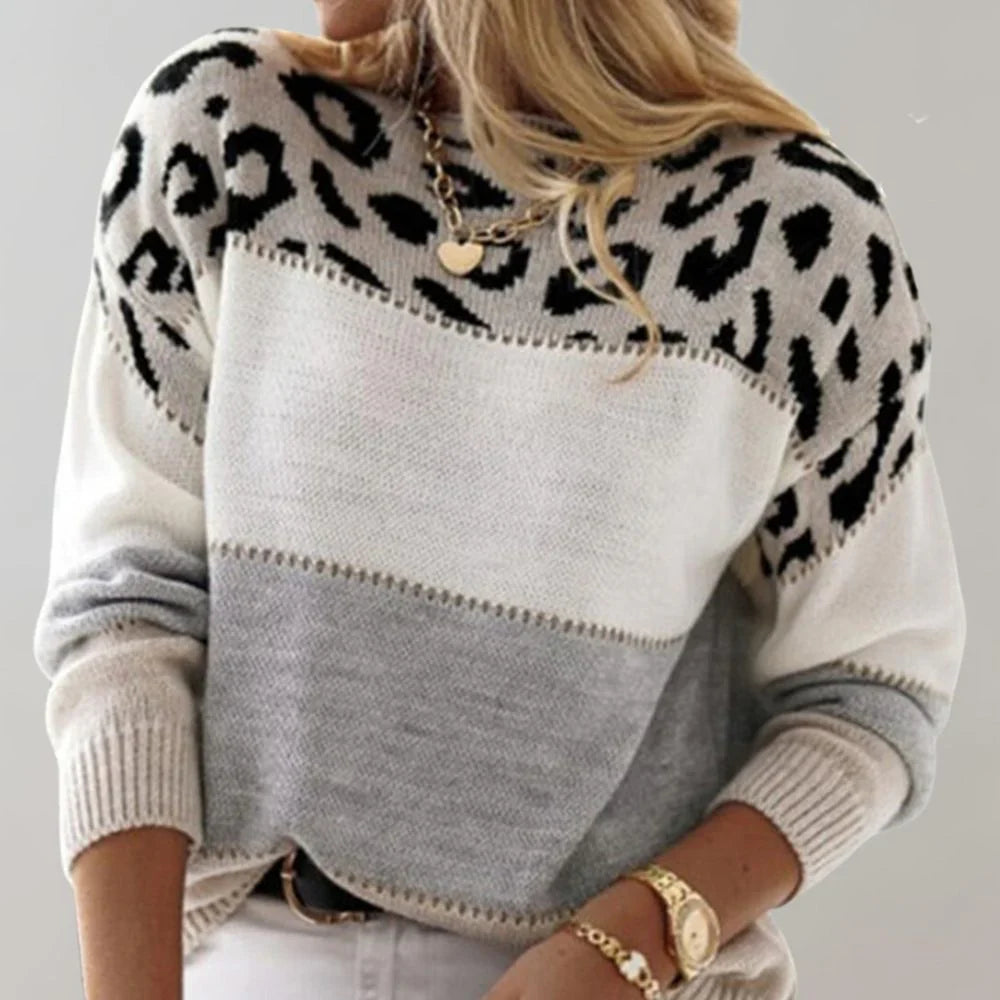 Virelia | Women's Colorblock Leopard Print Crew Neck Sweater