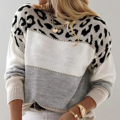 Virelia | Women's Colorblock Leopard Print Crew Neck Sweater