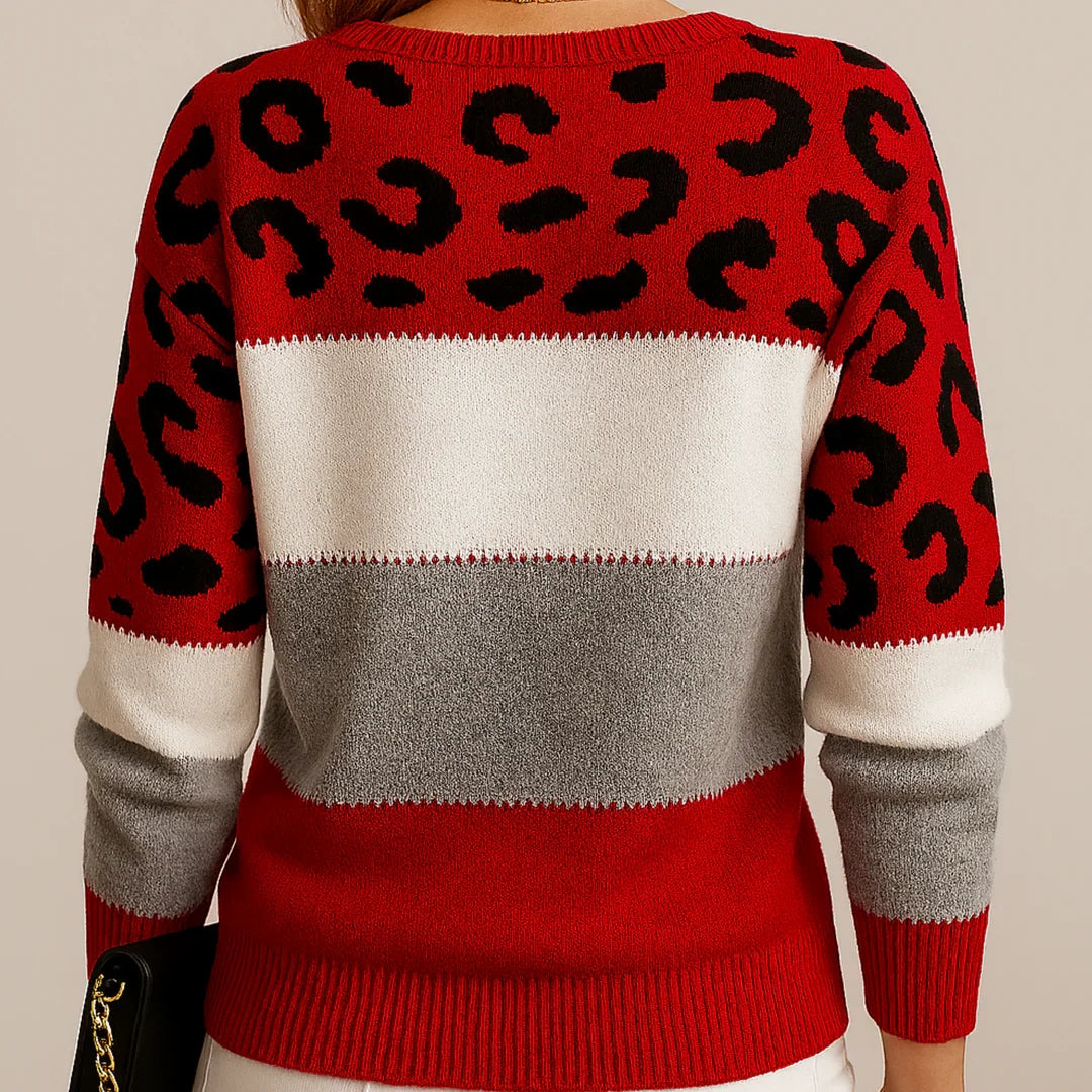 Virelia | Women's Colorblock Leopard Print Crew Neck Sweater