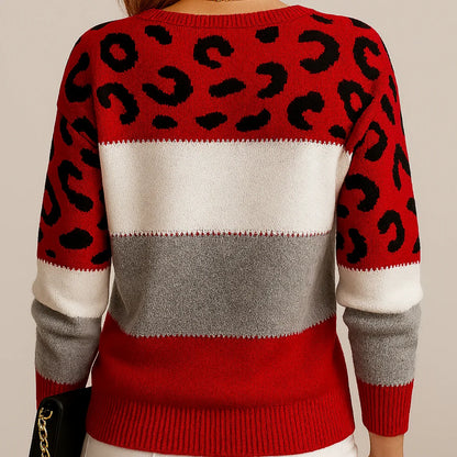 Virelia | Women's Colorblock Leopard Print Crew Neck Sweater