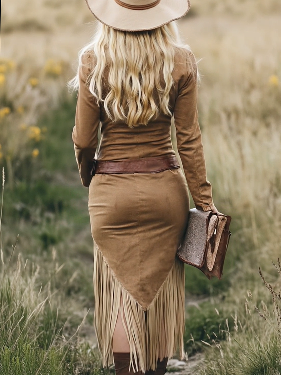 Western-inspired tassel-detail midi dress for women | Calindra -3