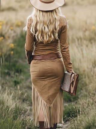 Western-inspired tassel-detail midi dress for women | Calindra -3