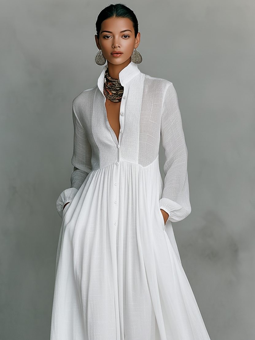 Patchwork stand-collar long-sleeve maxi dress for women | Patchella -2