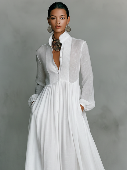 Patchwork stand-collar long-sleeve maxi dress for women | Patchella -2