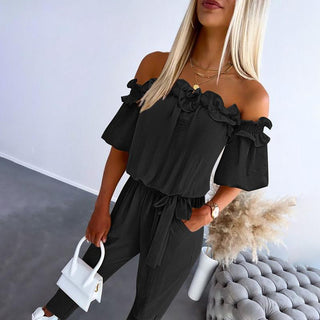 Chic off-shoulder frill tie-waist jumpsuit for women | Camila -2