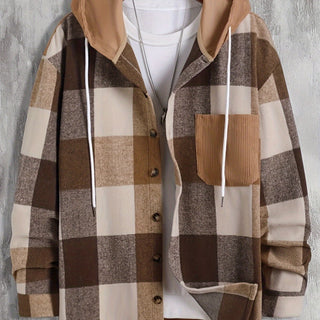 Verdan | Men's Checked Hooded Button Front Overshirt Jacket
