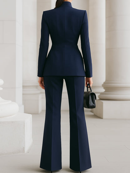 High-collar blazer and wide-leg trouser suit set for women | Navarre -4