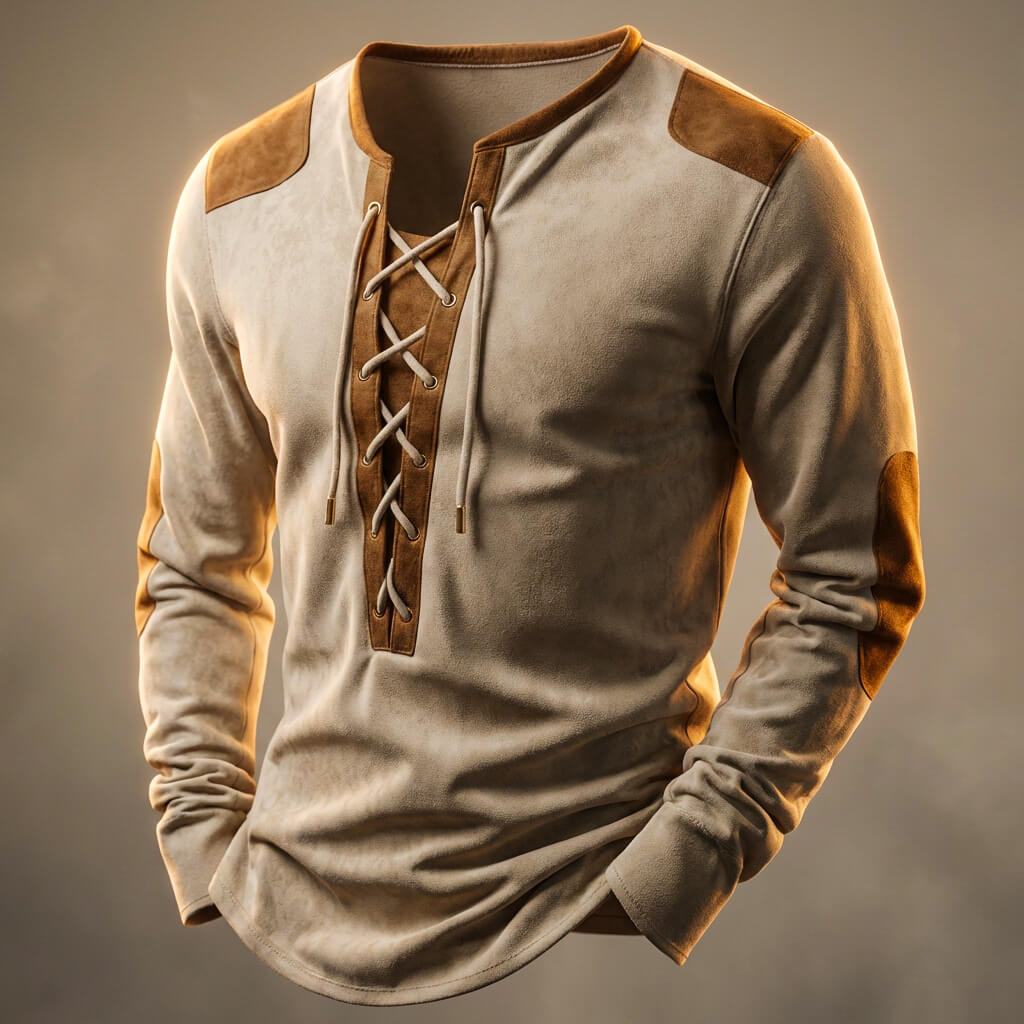 Lace-up Henley contrast-panel casual shirt for men | Dean -1