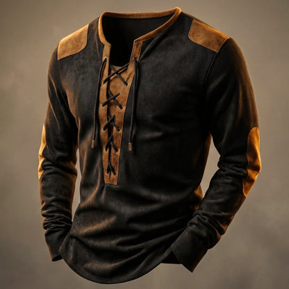 Lace-up Henley contrast-panel casual shirt for men | Dean -3