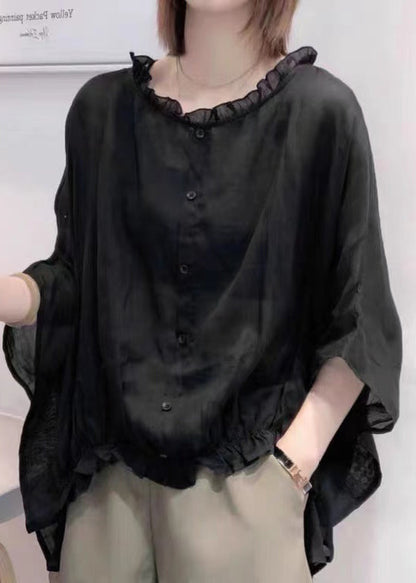Art Navy Ruffle Trim Half Sleeve Blouse for Women | Mireya