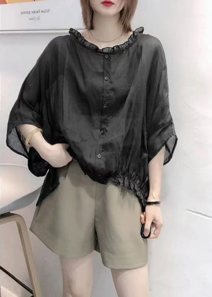 Art Navy Ruffle Trim Half Sleeve Blouse for Women | Mireya