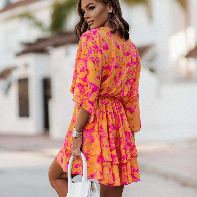 Floral batwing ruffle summer mini dress for women | Isla Bloom -2