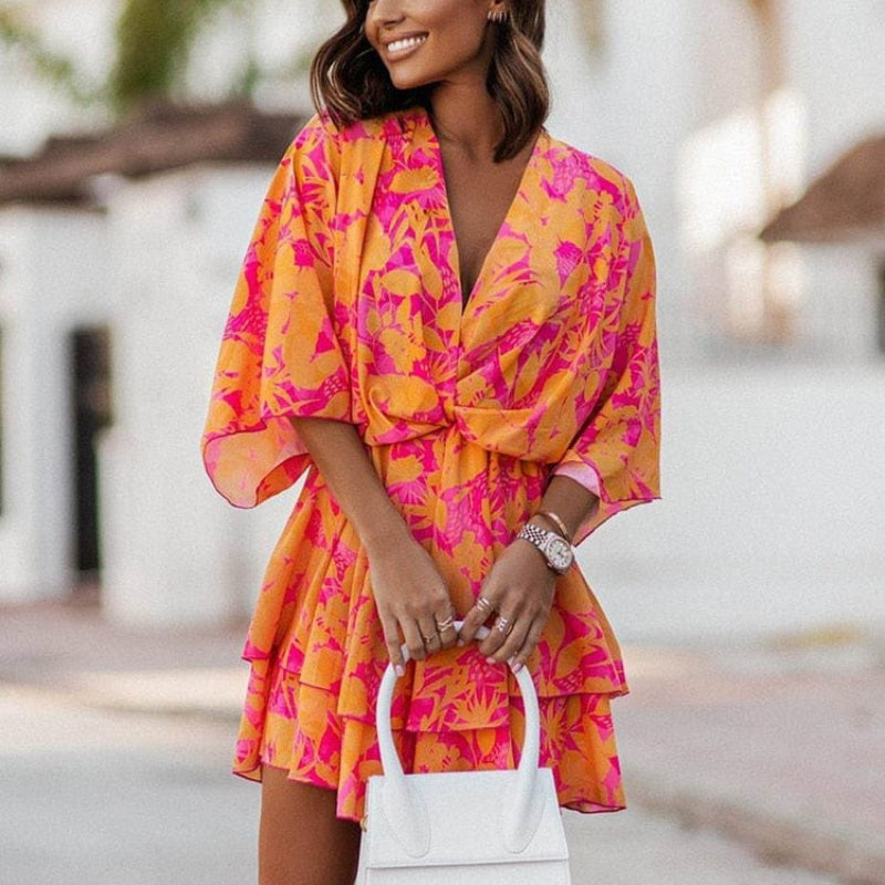 Floral batwing ruffle summer mini dress for women | Isla Bloom -3