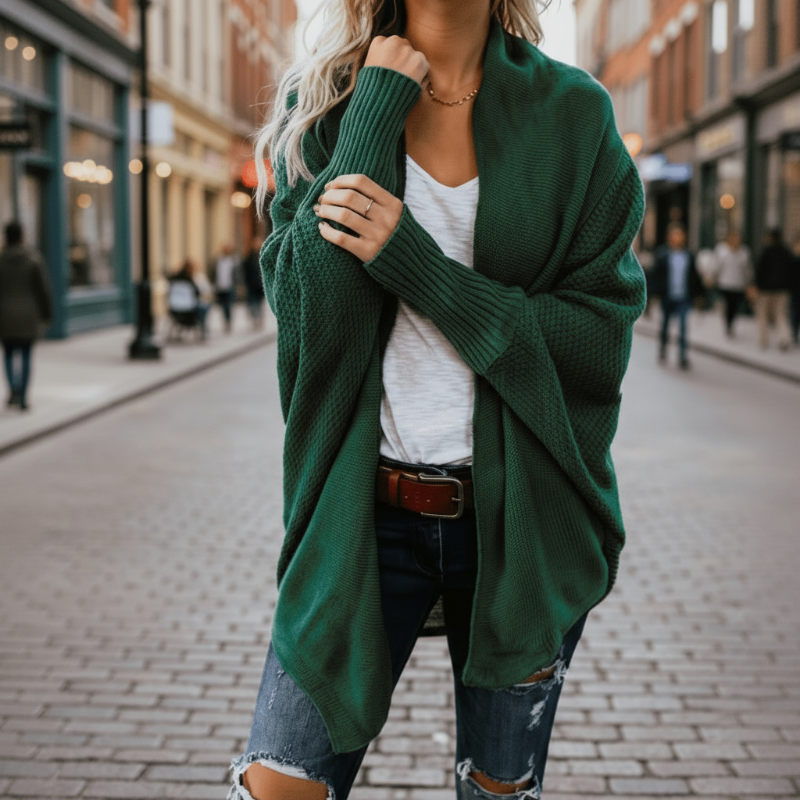 Batwing open-front scarf-collar knit cardigan for women | Luna Drift -8