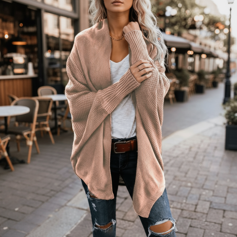 Batwing open-front scarf-collar knit cardigan for women | Luna Drift -5