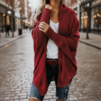 Batwing open-front scarf-collar knit cardigan for women | Luna Drift -4