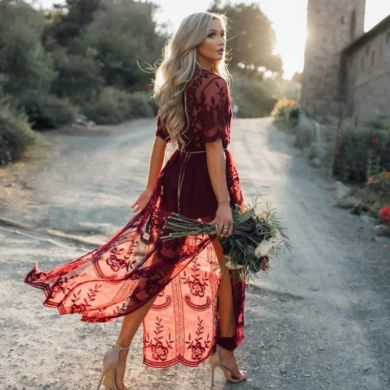 Lace tulle empire-waist V-neck maxi dress for women | Verona Lace -4