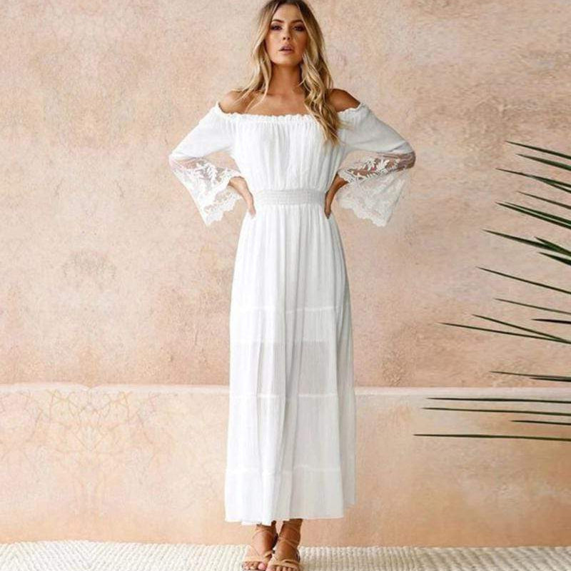 Off-shoulder lace empire-waist maxi dress for women | Celeste Shore -4