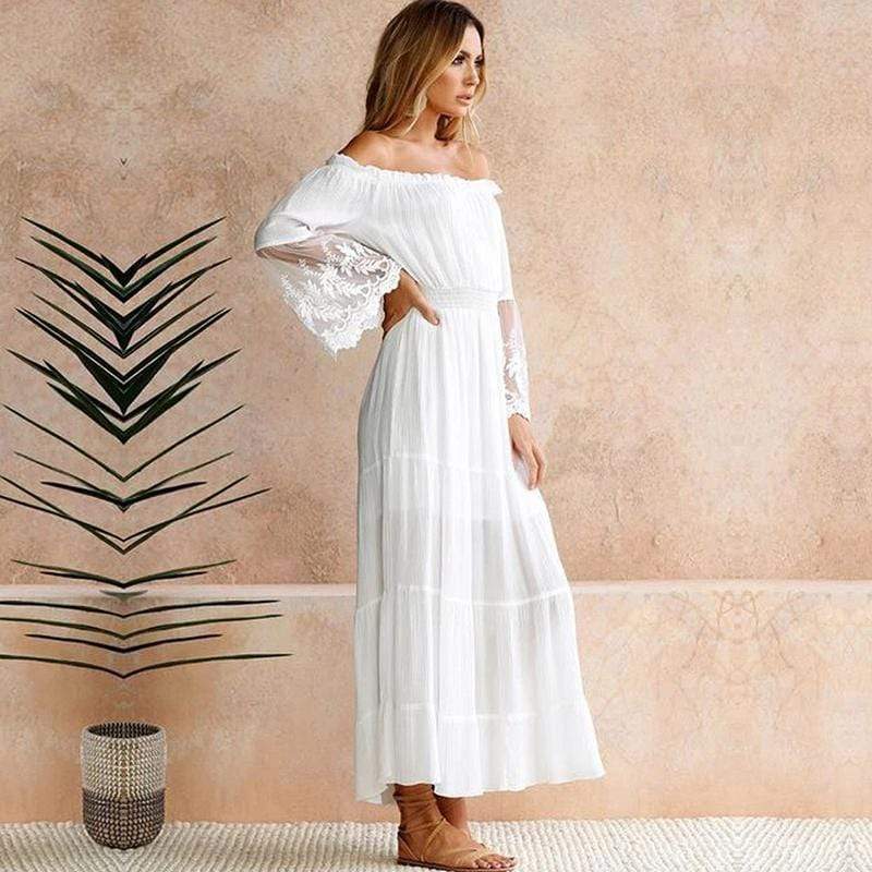 Off-shoulder lace empire-waist maxi dress for women | Celeste Shore -3