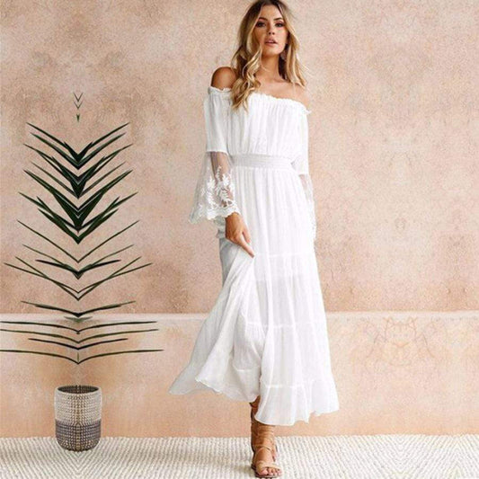 Off-shoulder lace empire-waist maxi dress for women | Celeste Shore -1