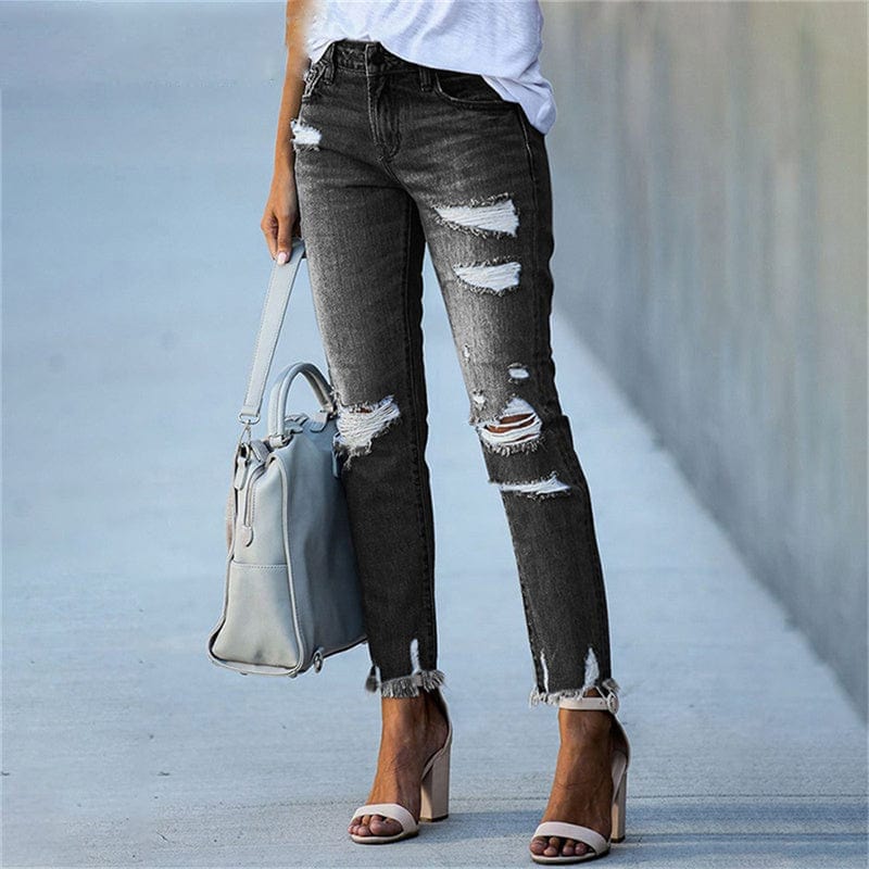Stretch distressed skinny mid-rise denim jeans for women | Edgeline -5