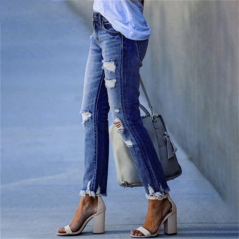 Stretch distressed skinny mid-rise denim jeans for women | Edgeline -3