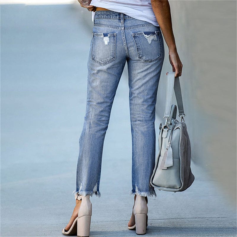 Stretch distressed skinny mid-rise denim jeans for women | Edgeline -6