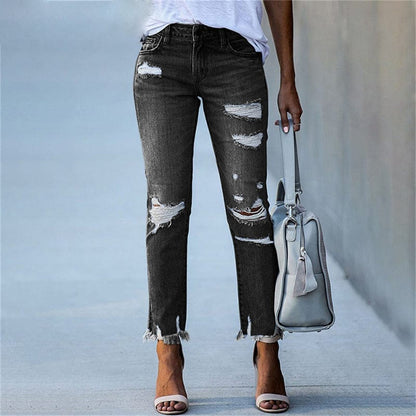 Stretch distressed skinny mid-rise denim jeans for women | Edgeline -4