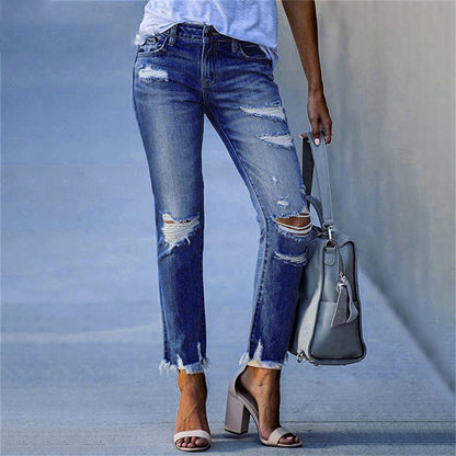 Stretch distressed skinny mid-rise denim jeans for women | Edgeline -2