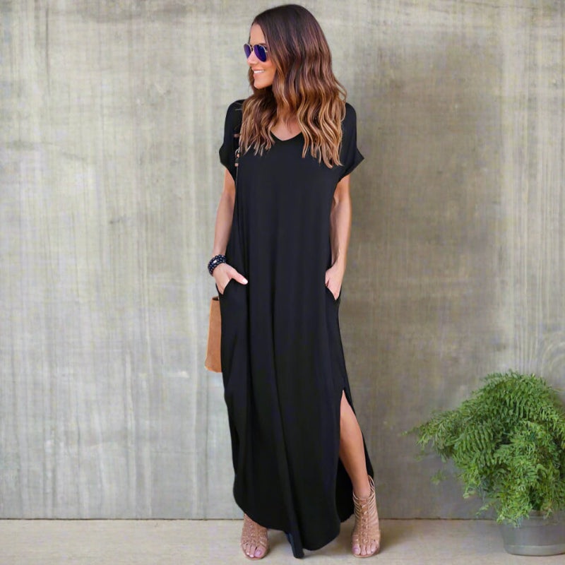V-neck short-sleeve side-slit maxi dress for women | Marina Ease -2