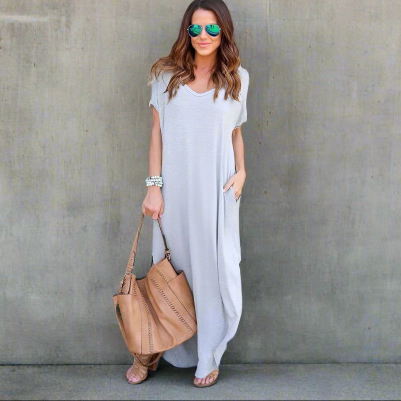 V-neck short-sleeve side-slit maxi dress for women | Marina Ease -5
