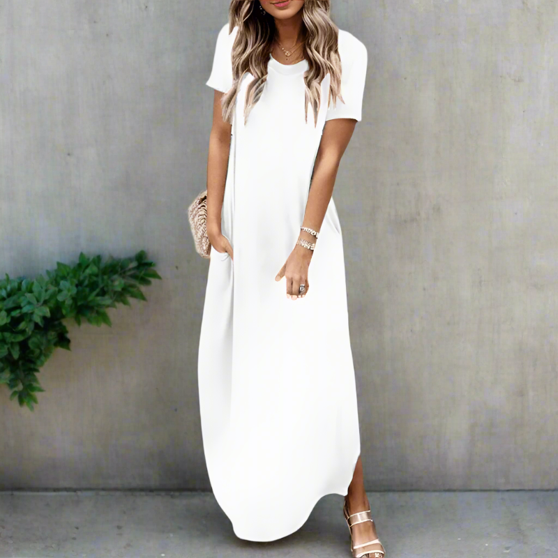 V-neck short-sleeve side-slit maxi dress for women | Marina Ease -1