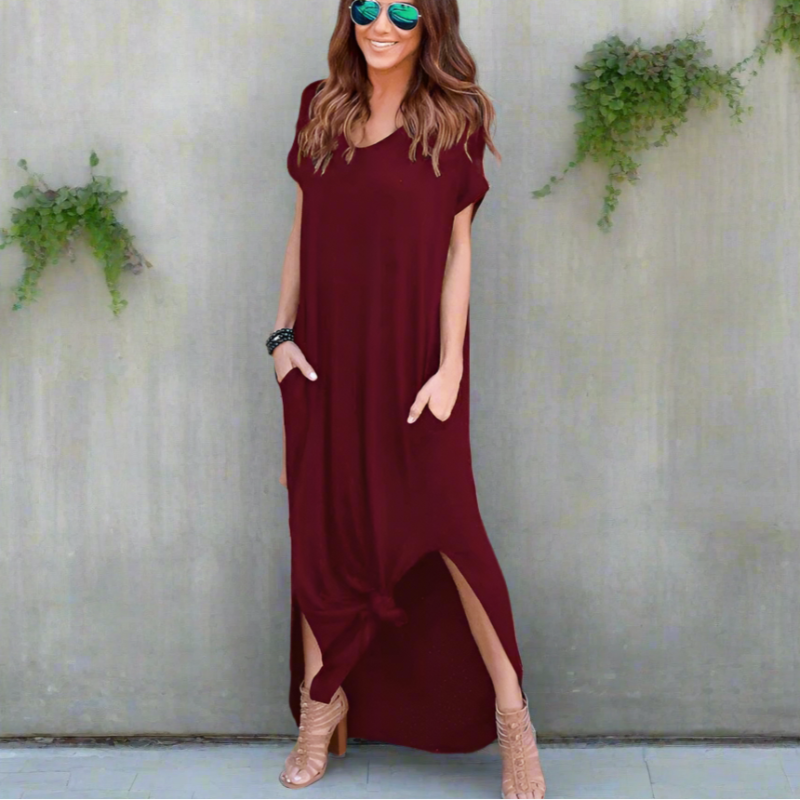 V-neck short-sleeve side-slit maxi dress for women | Marina Ease -6