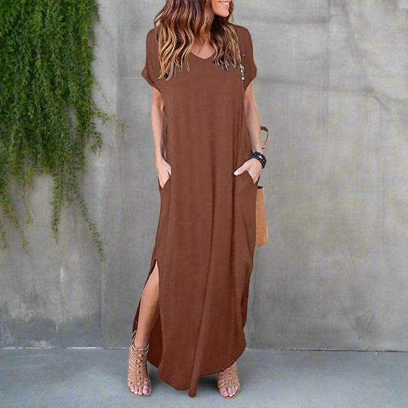 V-neck short-sleeve side-slit maxi dress for women | Marina Ease -9