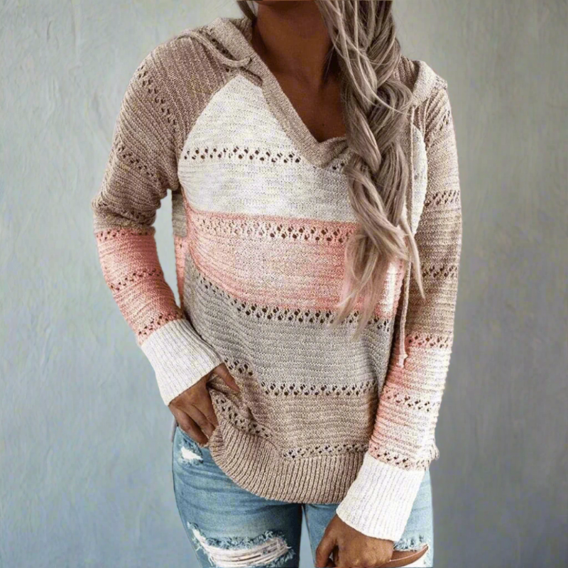 Bohemian patchwork hooded knit pullover for women | Elara Mosaic -3